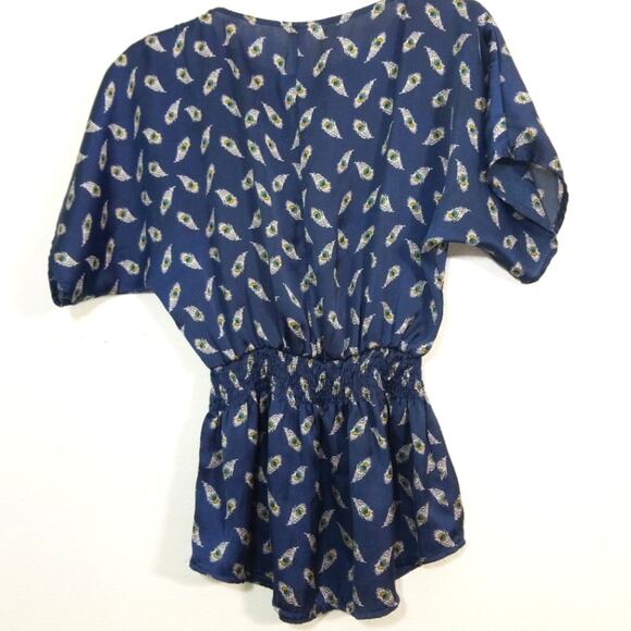 Bohemian peacock feather satiny smocked top S - Picture 6 of 8